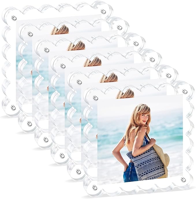 Acrylic Picture Frames. 5×5inch 6Pack - Double-Sided Scalloped Photo Frame, 20mm Ultra-Clear Block, Modern Desktop Display for Home/Office Decor (6 Pack, 5X5)