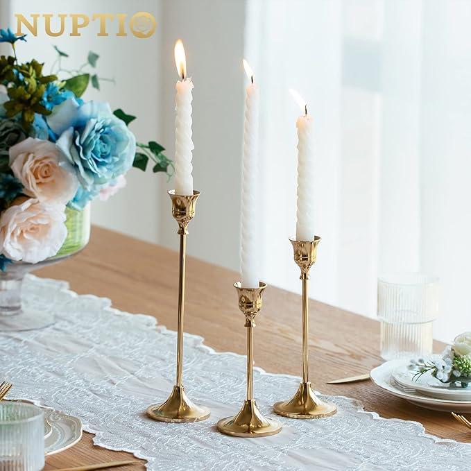 Candlestick Holders Taper Candle Holders, Set of 3 Candle Stick Holders Set, Brass Gold Candlestick Holder Set, Vintage Modern Decorative Centerpiece for Table Mantel Wedding Housewarming Gift