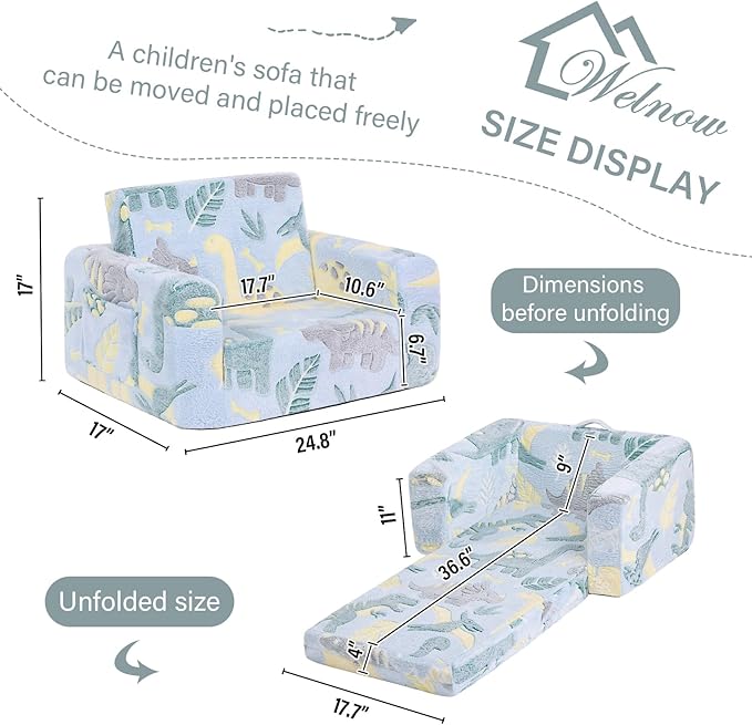Welnow 2-in-1 Kids Sofa Chair, Glow in The Dark Convertible Toddler Chair Flip Out Children Sofa Folding Kids Play Sofa with Side Pockets & Removable Cover Armrest Chair for Girl or Boy