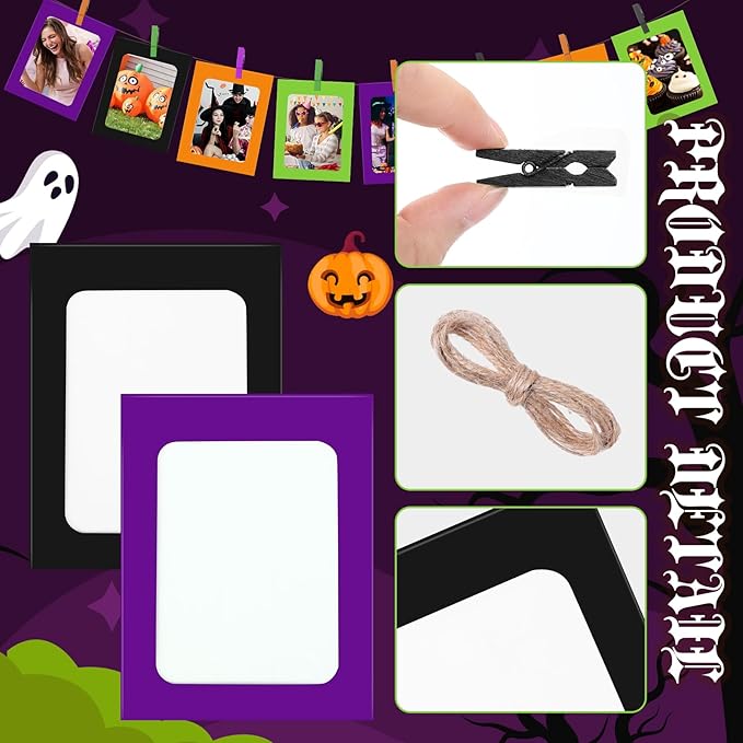Janlaugh 100 Pcs Halloween Paper Photo Frames 4x6 Orange Black Purple Green Paper Frame with 100 Clip 10 String Kit DIY Hanging Cardboard Photo Holder Halloween Wall Decor Wedding Home