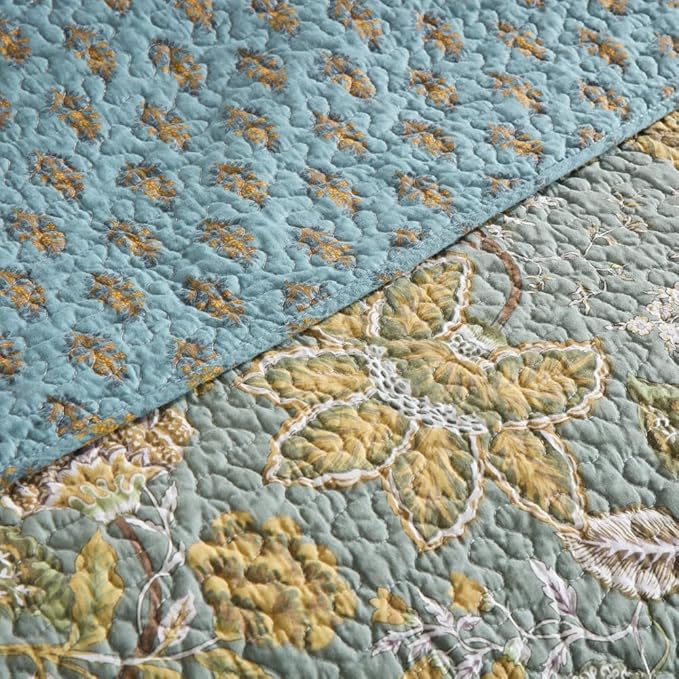 Cotton Bedspread Bedding Coverlet Quilt Sets, Reversible Vintage Branch Floral Bedspread comforters, (Rustic Sage Green Floral Pattern, King Size)