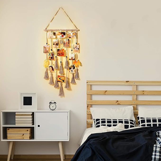 Homecor Hanging Photo Display Wall Decor, Gray Macrame Wall Hanging Boho Room Decor, Picture Frame Collage Board with Remote Light 30 Clips, Bedroom Home Decor, Christmas Mom Grandma Teen Girl Gifts