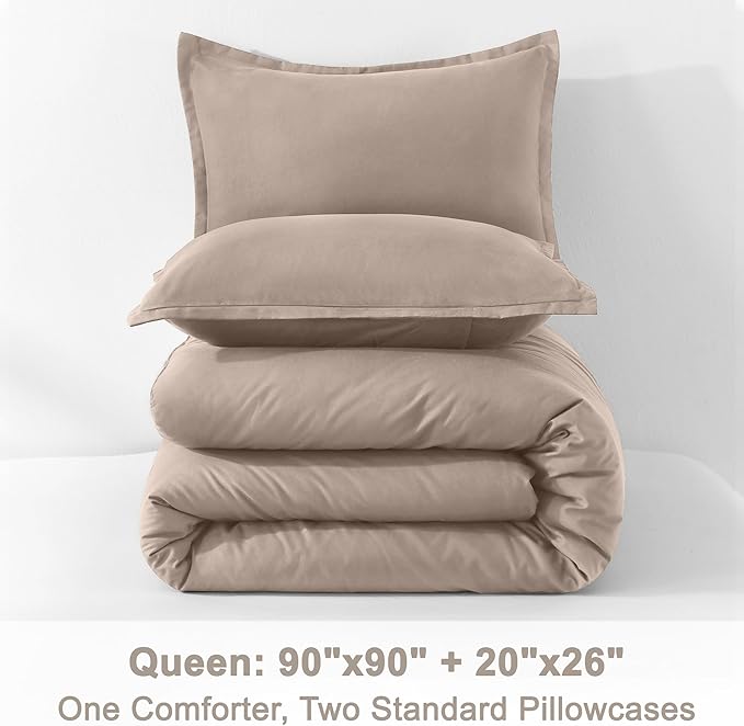 Litanika Light Coffee Comforter Set Queen Size, 3 Pieces Lightweight Solid Bedding Comforter Set, All Season Fluffy Bed Set (90x90In Comforter & 2 Pillowcases)