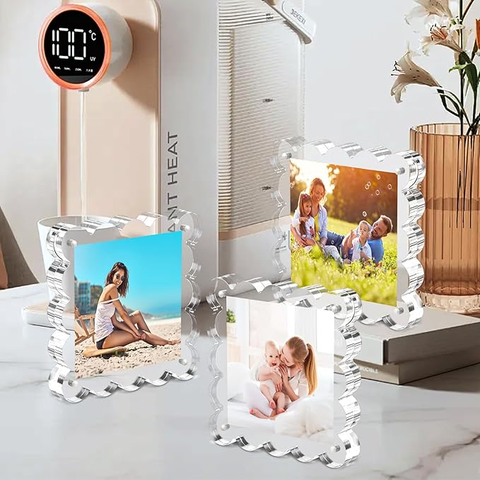 Clear Picture Frames 3Pack - Acrylic Magnetic Photo Frame 4×4 Inch, Double Sided Magnet Frames with Scalloped Edges, 10+10mm Thick Freestanding Gift for Office/Home(Clear, 4x4)