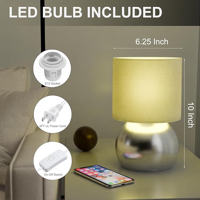 Set of 2 Small Silver Spherical Base Bedside Table Lamp with Textured Linen Shade (Bulb Included)