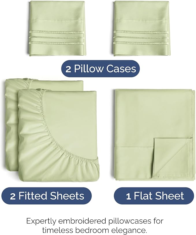 Split King Size 5 Piece Sheet Set - Comfy Breathable & Cooling Bed Sheets Set - Hotel Luxury Bedding for Women, Men, Kids, Teens, Boys & Girls - Deep Pockets and Wrinkle Free - Oeko-Tex - Light Sage