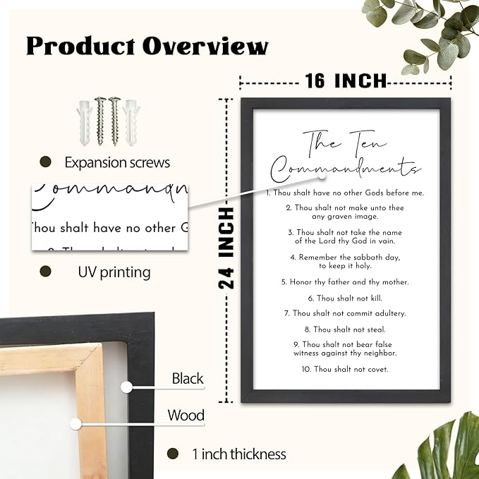 FZMHASLWW The Ten Commandments Bible Verse Wall Decor 24"X16" God Jesus Prayer Christian Saying Catholic Scripture Sign Large Wood Framed Wall Hanging Art (Black)
