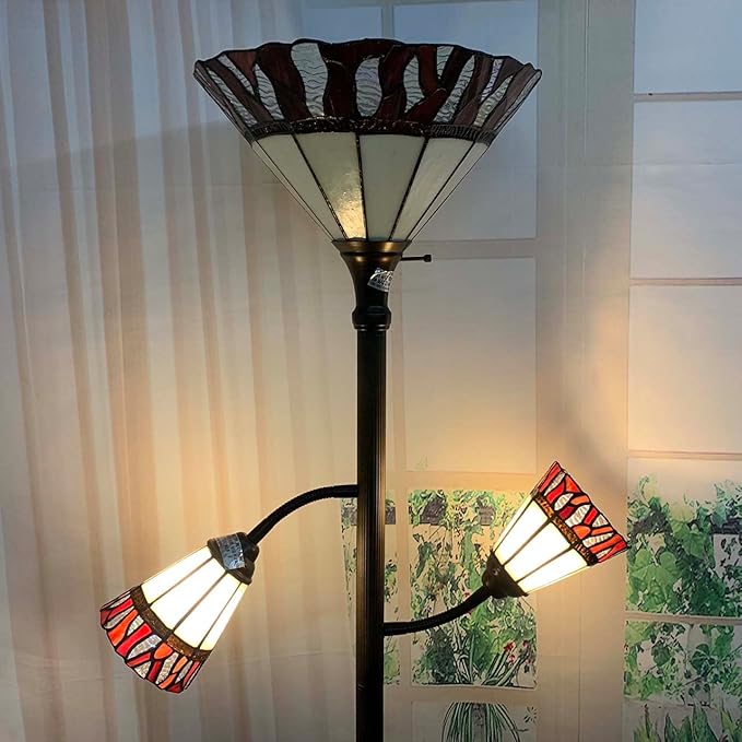 Bieye L10838 Fire Flame Tiffany Style Stained Glass Torchiere Floor Lamp with Sidelights for Reading, 70-inches Tall (Flame, Red)