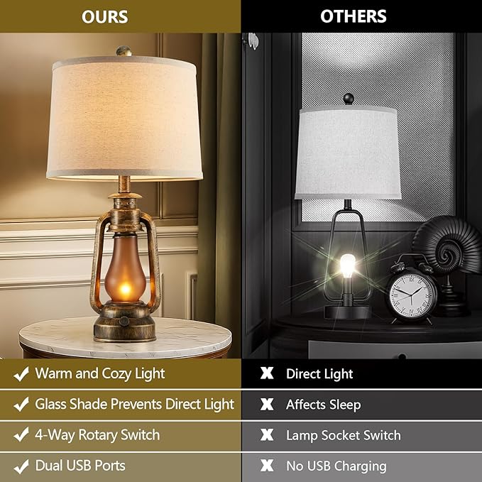 RORIANO 25" Set of 2 Rustic Lantern Table Lamps for Living Room Bedroom, 2 USB Ports Farmhouse Vintage Bedside Desk Lamp Nightlight for Entryway Office End Table, 4 Bulbs Included