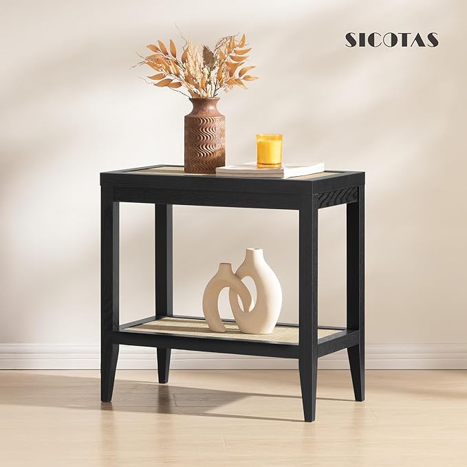 SICOTAS Rattan Nightstand Bedside Table - Farmhouse Boho Narrow Accent End Table with 2 Open Rattan Shelves for Bedroom, Living Room, Small Spaces - Black Oak