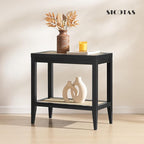 SICOTAS Rattan Nightstand Bedside Table - Farmhouse Boho Narrow Accent End Table with 2 Open Rattan Shelves for Bedroom, Living Room, Small Spaces - Black Oak