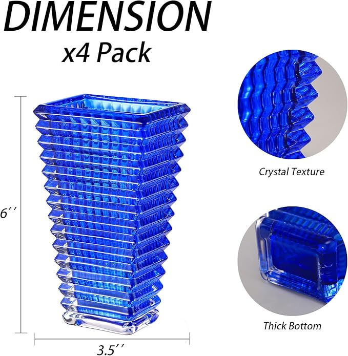 MCMCNCUIU Crystal Vases Set of 4, Blue Glass Vases, Crystal Vase for Centerpieces, Modern Flower Vase for Living Room, Bedroom, Kitchen, Dining Table, Shelf, Wedding, 6 Inches