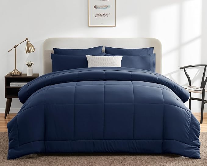 CozyLux King Size Comforter Set Navy Blue, 7 Pieces Bed in a Bag, Navy Blue Comforter King Size, All Season Bedding Sets with Stitch Quilted Comforter, Flat Sheet, Fitted Sheet, Pillowcases