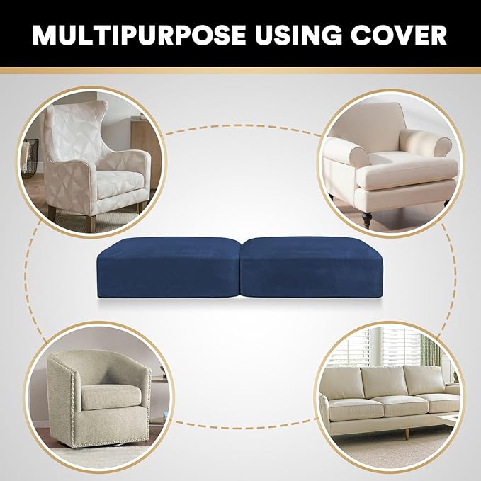 PrinceDeco Velvet Couch Cushion Cover Soft Stretch Cushion Slipcover for Chair Loveseat Sofa Cushion Furniture Protector Seat Cushion Sofa Cover (2 Piece Large Sofa Cushion Covers, Navy)