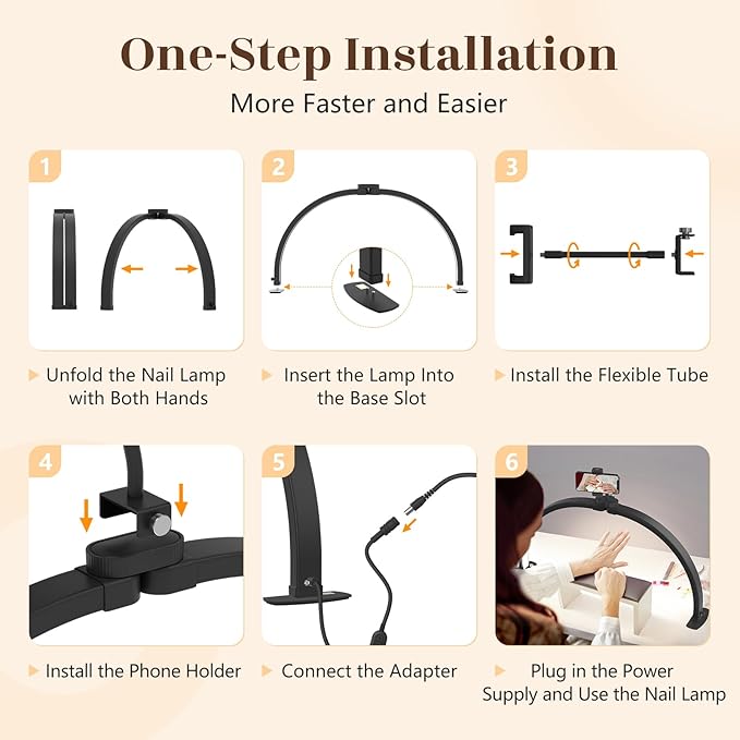 Yokilly Half Moon Light for Nail Desk: 29" Foldable Half Moon Nail Desk Lamp with Phone Holder for Beginner - Arch Tech Light with 3 Color Modes & 10 Brightness for Manicure Salon (Black, Large)