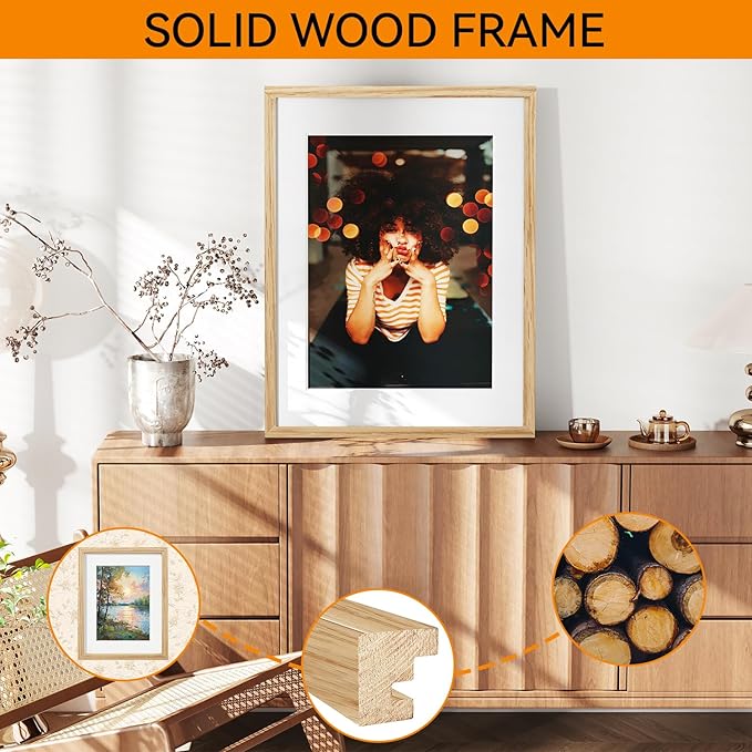 IBUYKE 18x24 Picture Frame,Solid Oak Wood 18x24 Photo Frame with Mat to 16x20,18x24 Picture Frames With Tempered Glass,Wall Mount Display,Home Decor,Natural Oak 24 x 18 Frame,UWPF1824N