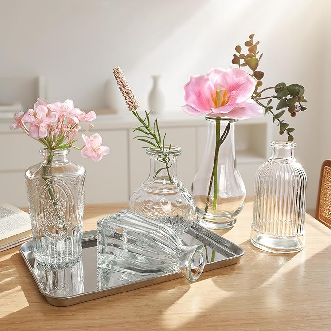 Glass Bud Vases Set of 12, Clear Small Vases for Flowers, Bulk Glass Vase for Centerpieces, Vintage Embossed Flower Vase for Wedding Table Decoration, Home, Cocktail Party