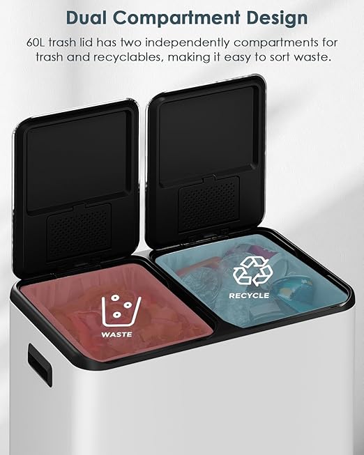 Arlopu 16Gal Dual Trash Can w/2 Built-in Box for Odor Control, Hands-Free Kitchen Garbage Bin, Recycle Waste Dustbin, Soft-Close Lid, 2 Buckets,Foot Pedal, Side Handle, Airtight,for Home Office