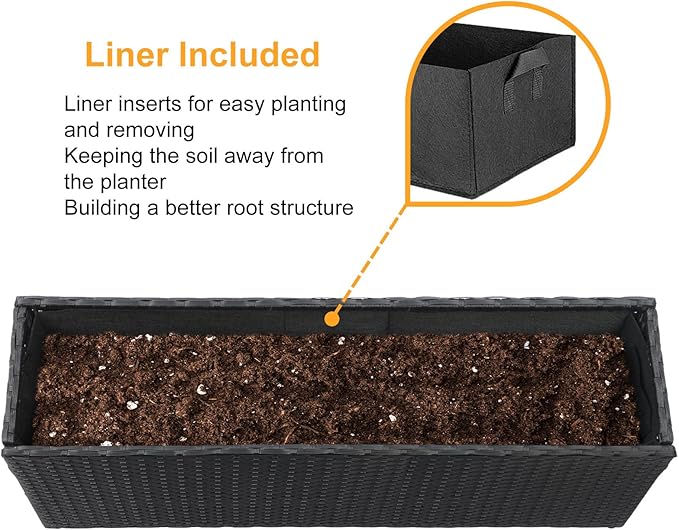 SUNNYPARK Set of 2 Large Rectangular Planter with Removable Liner, All-Weather PE Rattan Modern Planters Indoor Outdoor Flower Plant Pots Garden Box Patio Yard Front Porch Deck