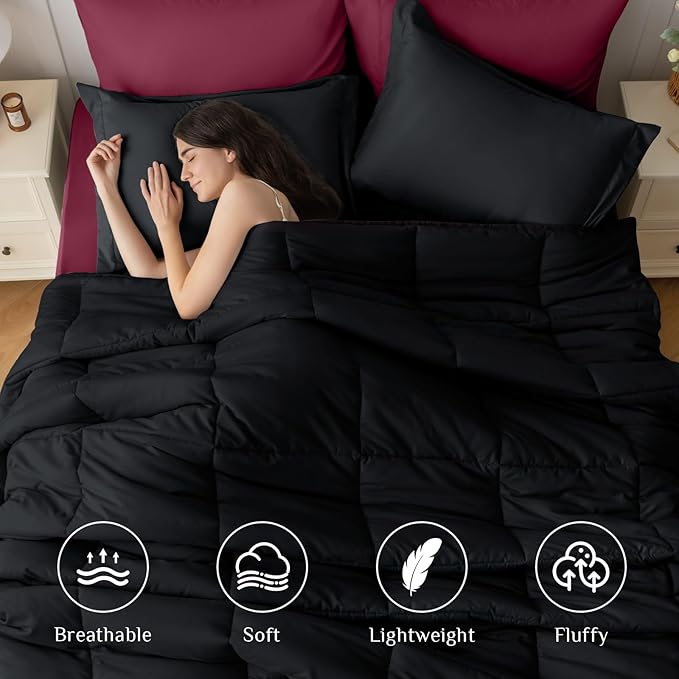 JOLLYVOGUE King Comforter Set, Ultra-Soft Bed in a Bag King Size 7 Pieces, Oeko-TEX Certified Bedding Set with Down Alternative Comforter, Sheets, Pillowcases & Shams, Burgundy & Black