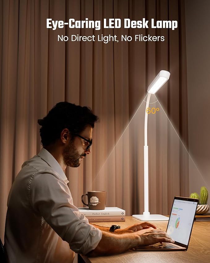 SUPERDANNY Eye-Caring LED Desk Lamp with Base 360° Flexible Gooseneck Work Lamp Touch Control 3 Light Colors Smooth Dimming Task Lighting Reading Light for Home Office College Dorm, White
