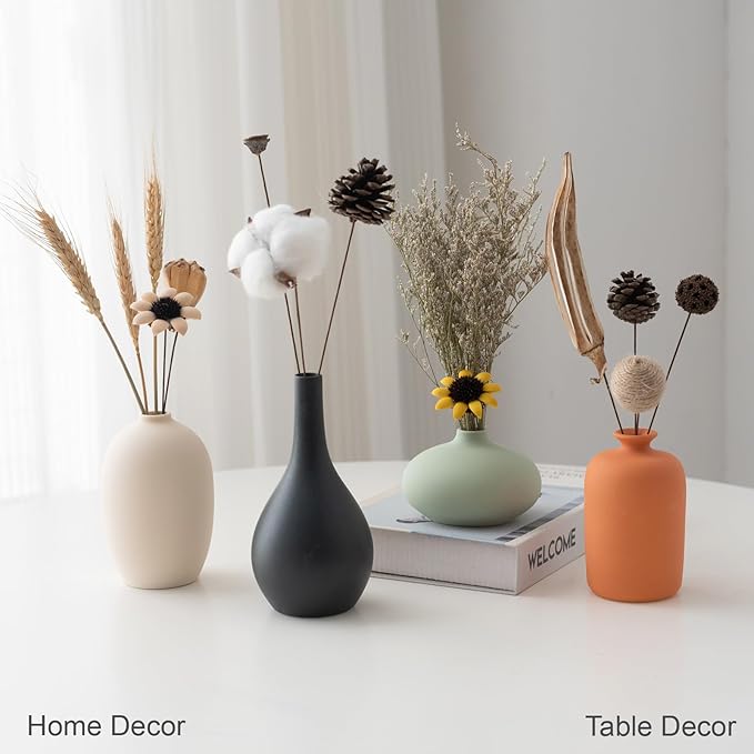 YAOBAAOX Set of 4 Small Matte Ceramic Vases - Modern & Bohemian Decor for Home, Office, Shelve, Living Room Table, Mantel, Bedroom, Entryway, Rustic Farmhouse Decorative Vases & More（Hademade