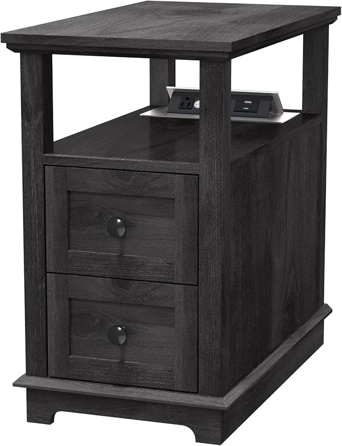 HIFYOBRO Narrow End Table with Flip Top Charging Station and 2 Drawers, Type-C & USB Port & Power outlets, Wooden Storage Cabinet, Side Table with Storage for Living Room and Bedroom