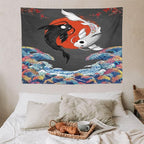 Houselerax Japanese Koi Fish Tapestries, Yin Yang Big Wave Cherry Blossom Tapestry Wall Hanging for Bedroom Living Room Office Decor 40"x30"