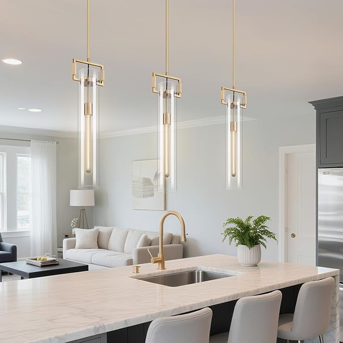 Modern Knurled Brass Kitchen Island Pendant Light,Gold 21.6'' 1-Light Long Glass Island Pendant Lights,Lrage Farmhouses Pendant Light, for Kitchen,Dining Room,Bathroom,Bulb Included