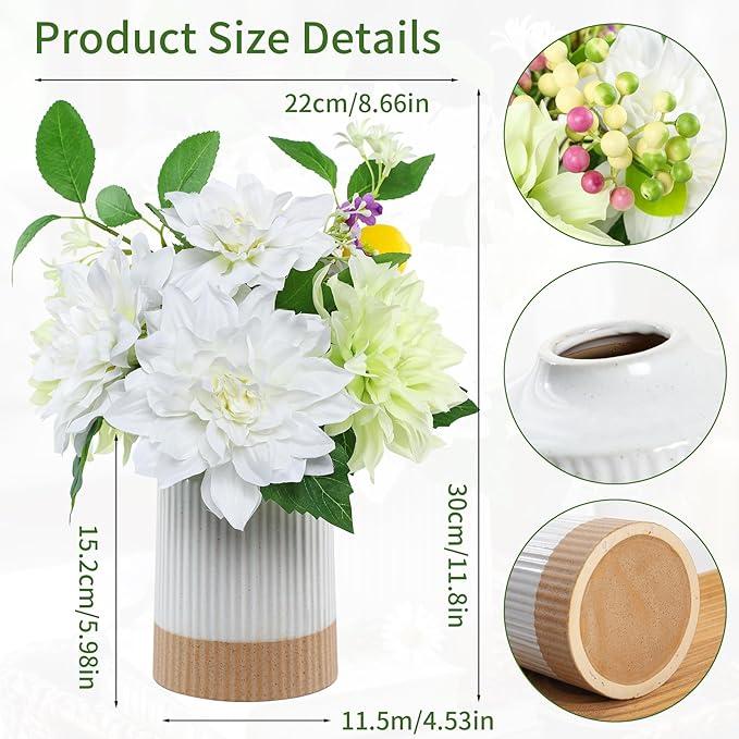 Fake Flower with Vase,White Silk Dahlia Artificial Flowers in Modern Ceramics Vase for Home Bathroom Office Desk Party Centerpiece Coffee Table Decor