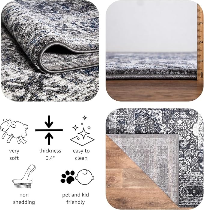 Keen Home Design Area Rugs - Non-Shedding, Thick Pile Abstract Rugs for Kitchen, Living Room, Bedroom, Dining Room, Entryway (Medallion Grey/Blue/Cream, 7'3'' x 10'2'')