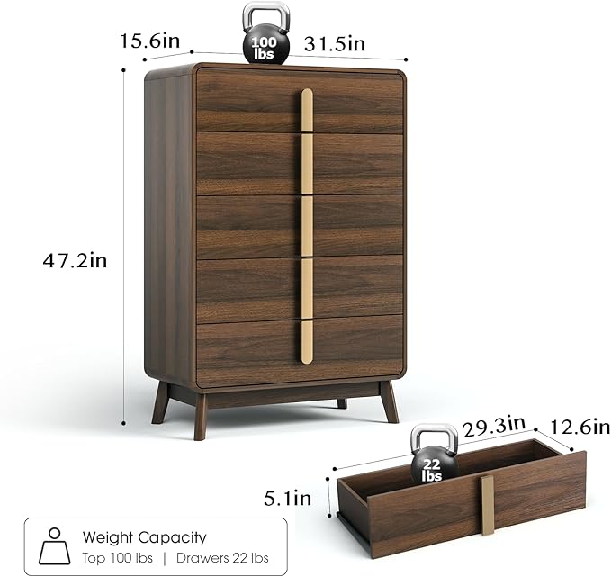 Dresser for Bedroom with 5 Drawers,Mid Century Modern Dresser with Storage,31" Wide Modern Chest of Drawers with Metal Handles,Large Wood Drawer Organizer for Bedroom,Living Room,Walnut