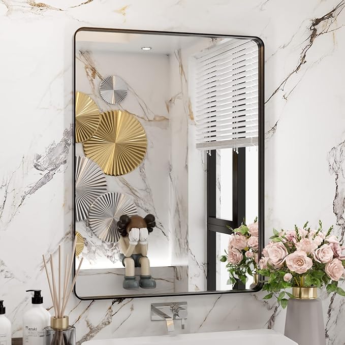 WEER Black Bathroom Mirror 24X32 Inch, Rectangular Black Metal Frame Mirror, Matte Black Bathroom Vanity Mirror with Tempered Glass, Rounded Corner, Anti-Rust (Horizontal/Vertical)