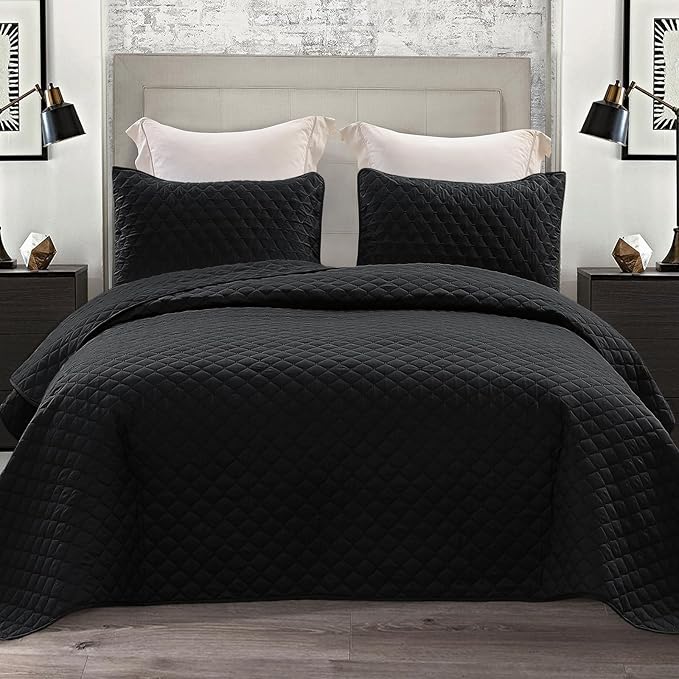 Exclusivo Mezcla Reversible King Size Quilt Bedding Set with Pillow Shams, Lightweight Quilts King Size, Soft Bedspreads Bed Coverlets for All Seasons - (Black, 104"x96")