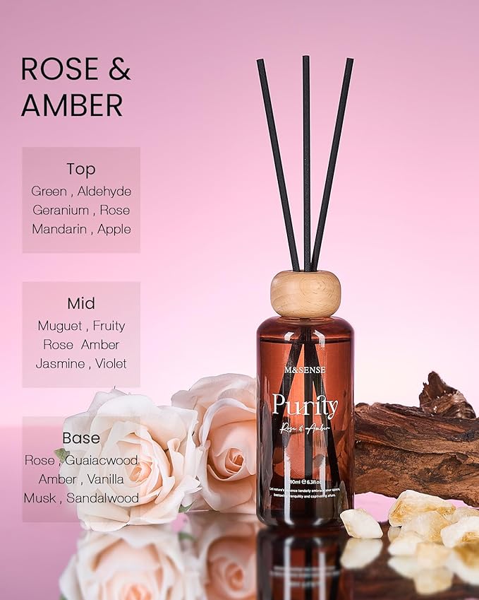M&SENSE Rose Amber Reed Diffuser: 6.3 fl oz Non-Toxic Aroma Set with Sticks, Light & Subtle Fragrance, Long-Lasting Natural Essential Oil Gifts for Bedroom, Shelf Decor & Small Spaces