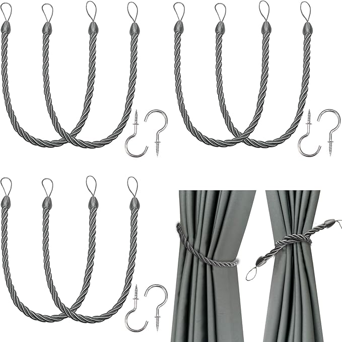 BEL AVENIR Curtain Ropes Tiebacks Tie-Backs, Curtain Handmade Holdbacks with 6 Metal Screw Hooks(Charcoal,6p)