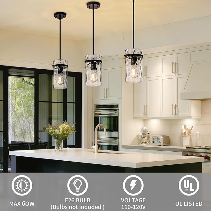Farmhouse Hammered Hand-Blown Glass Pendant Light, Black Pendant Lights Kitchen Island, Modern Pendant Light Fixtures Island Lights for Kitchen Dining Room Light for Farmhouse Pendant Lighting 1 Pack