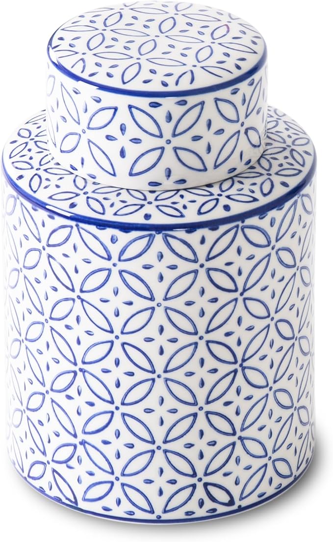 Ceramic Decorative Jars with Lid, Blue and White Ginger Jar for Home Decor, Cylindrical Vase Decor, 7.7x5.4 Inch, Blue Line