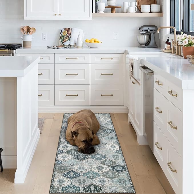 Lahome Moroccan Trellis Washable Runner Rug, 2x6 Runners for Hallways 6 Feet Non Slip Vintage Laundry Room Rug Vintage Ultra-Thin Long Carpet for Kitchen Bedroom, Blue