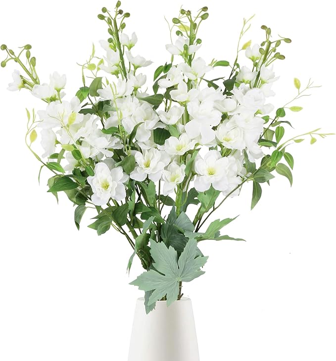 8PCS Artificial Delphinium White Flowers with Clematis Greenery Long Stem Artificial Flowers Cream for Tall Vase for Home Wedding Floral Arrangement Centerpiece Table Decor (Cream White)