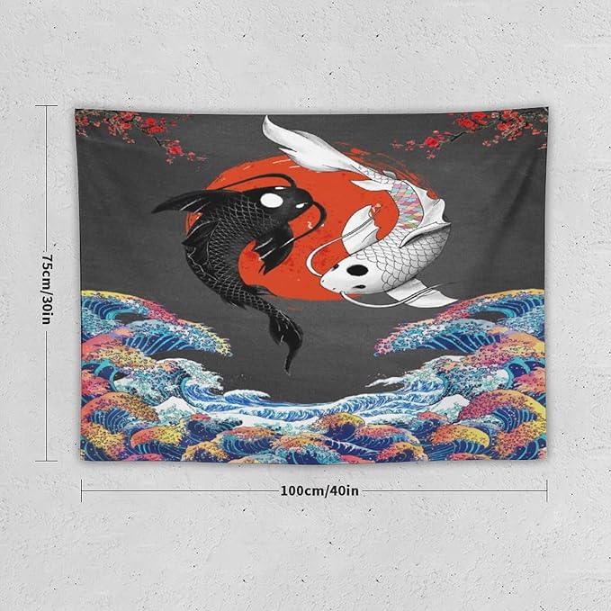 Houselerax Japanese Koi Fish Tapestries, Yin Yang Big Wave Cherry Blossom Tapestry Wall Hanging for Bedroom Living Room Office Decor 40"x30"