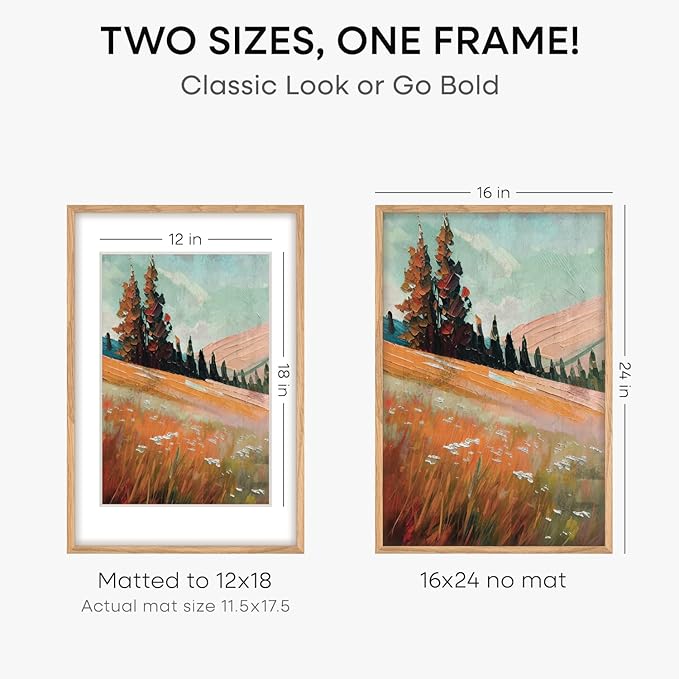 Homeforia Picture 16x24 Wood Frame, High End Natural Oak 16x24 Light Wooden Poster Frame with Mat 12x18, 16 x 24 Frames Matted to 12 x 18 Photo, 24x16 Hanging Frame, Tempered Glass, Wall Kit, Set of 1