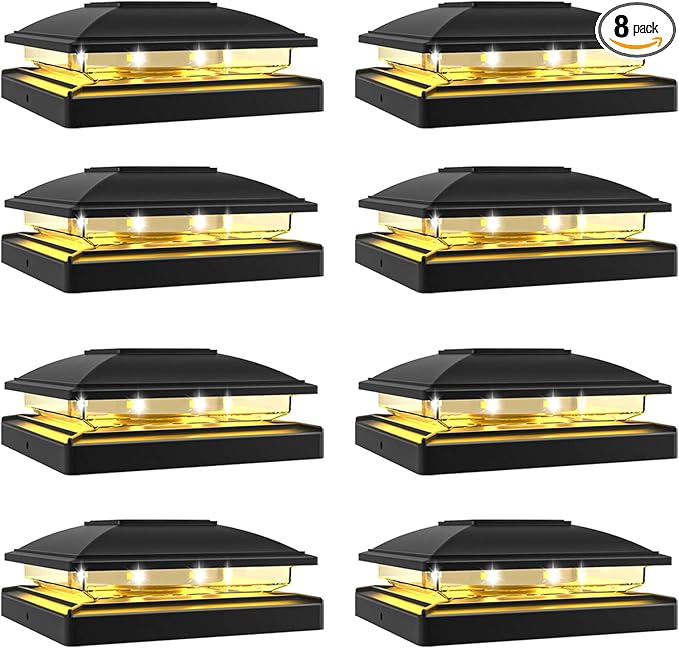 VOLISUN Solar Post Cap Light Outdoor,Solar Fence - Post Lights Waterproof for 4x4/5x5/6x6 Wooden/Vinyl Post,Black Deck Cap Light Solar Powered with Warm White for Garden/Patio/Porch 8pack