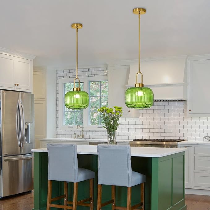 Modern Green Glass Pendant Light Fixtures, Mid Century Pendant Lights for Kitchen Island, 9.8" Gold Adjustable Height Ceiling Hanging Light Fixtures for Dining Room Entryway Bedroom Foyer Hallway