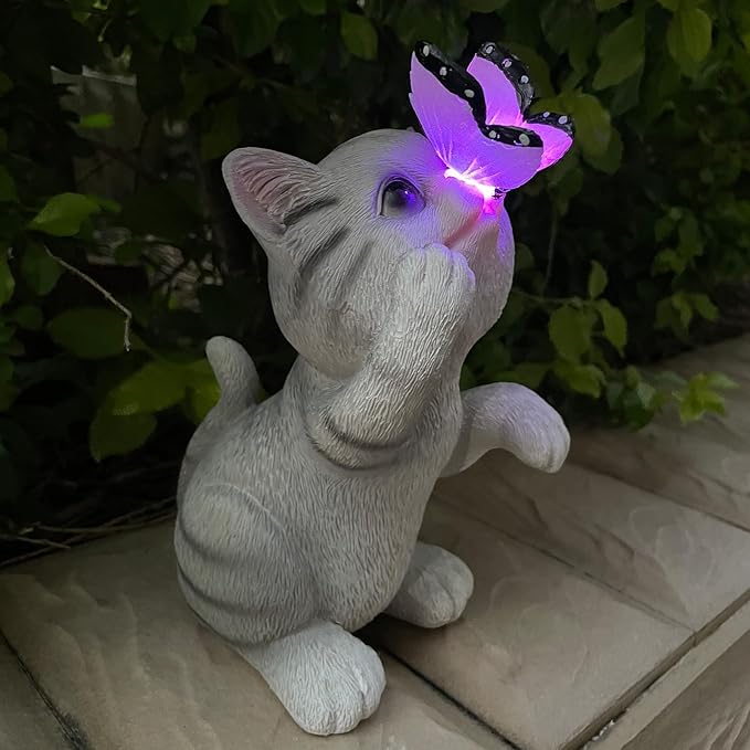 Solar Cat Outdoor Figurines Garden Decor with Butterfly Cat Statue Light for Lawn Ornaments Porch Patio Balcony Yard Decorations Outdoor Birthday Gifts for Women Grandma Mother’s Day