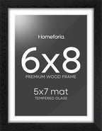 Homeforia 8x6 Black Wood Frame, High End Oak 6x8 Black Wooden Picture Frames with Mat 5x7 Art, 6 x 8 Frame Matted to 5 by 7 inch Photo, 6x8 Wall or Tabletop Frames, Tempered Glass, Wall Kit, Set of 1