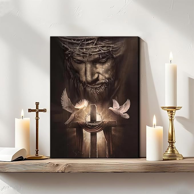 Fantasy Artists Framed Jesus Christ Canvas Wall Art The Cross and Peace Dove Christian Painting Prints Biblical Wall Decor Religious Room Decor for Church Prayer Room Schools Hospitals 16" x 24"
