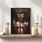 Fantasy Artists Framed Jesus Christ Canvas Wall Art The Cross and Peace Dove Christian Painting Prints Biblical Wall Decor Religious Room Decor for Church Prayer Room Schools Hospitals 12" x 16"