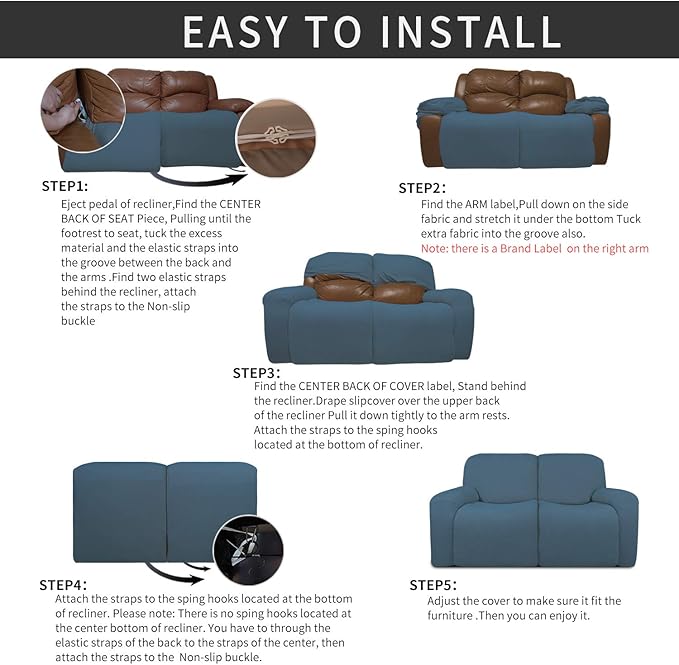 Easy-Going 6 Pieces Recliner Loveseat Stretch Sofa Slipcover Sofa Cover Furniture Protector Couch Soft with Elastic Bottom Kids, Spandex Jacquard Fabric Small Checks Bluestone