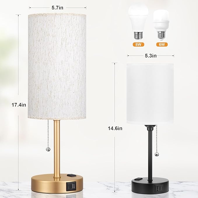 Dicoool Gold Bedside Table Lamp for Bedroom, 17Inch Tall Nightstand Lamp with USB C & A Ports & AC Outlet, 3 Color Temperatures Pull Chain Side Table Lamp for Living Room/Kitchen/Dorm/Office